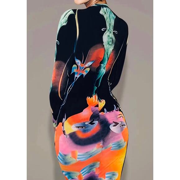 Vintage Style Long Sleeve Abstract Print Crew Neck Fashionable Dress, NWOT - Picture 6 of 6